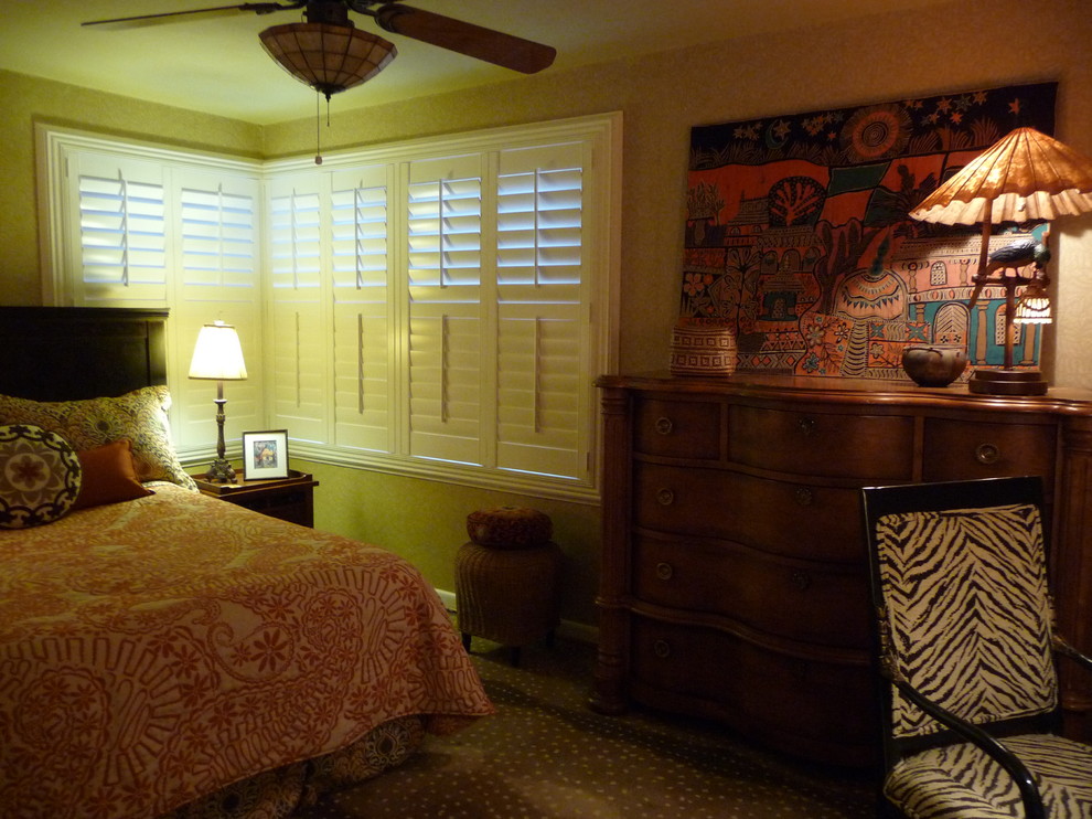 Norman Shutters vs Hunter Douglas Bedroom Eclectic with Animal Print Rug And