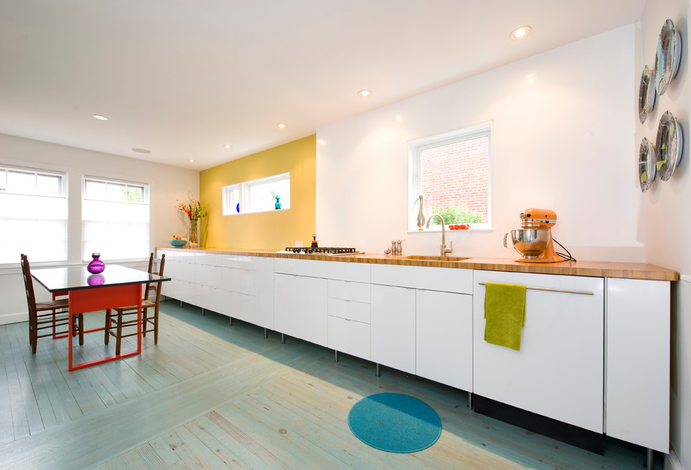 Oak Hardwood Flooring Kitchen Contemporary with Clean Color Pop Linear