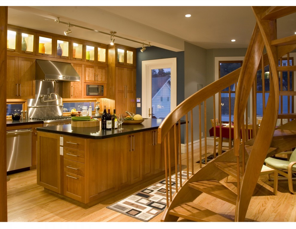 Oak Kitchen Cabinets Kitchen Transitional with Accent Wall Ceiling Lighting