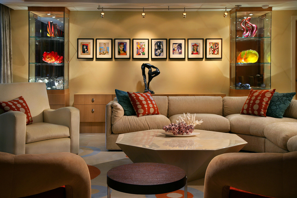 Octagon Coffee Table Living Room Contemporary with Art Arrangement Glass Sculpture
