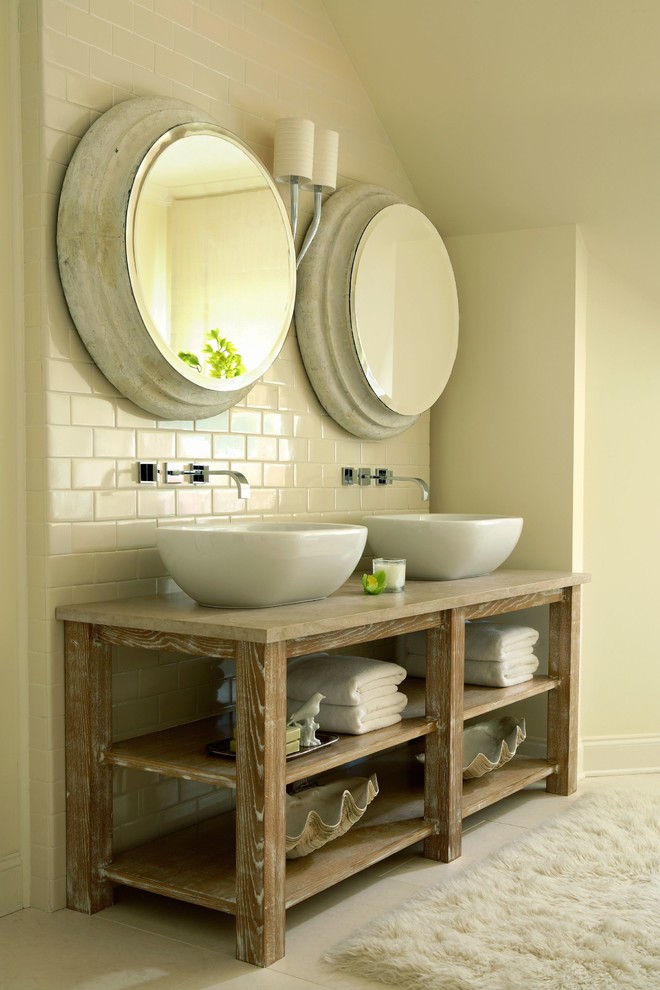 Off White Subway Tile Bathroom Traditional with Console Sink Double Sconce