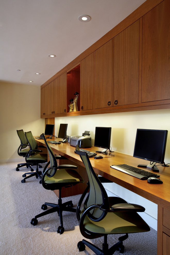 Office Desk Design Home Office Contemporary with Beige Carpet Built In
