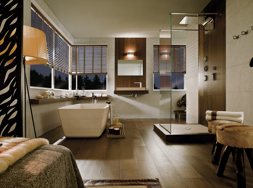 Oil Rubbed Bronze Mirror Bathroom Contemporary with Bathtubs Brown Accent Wall
