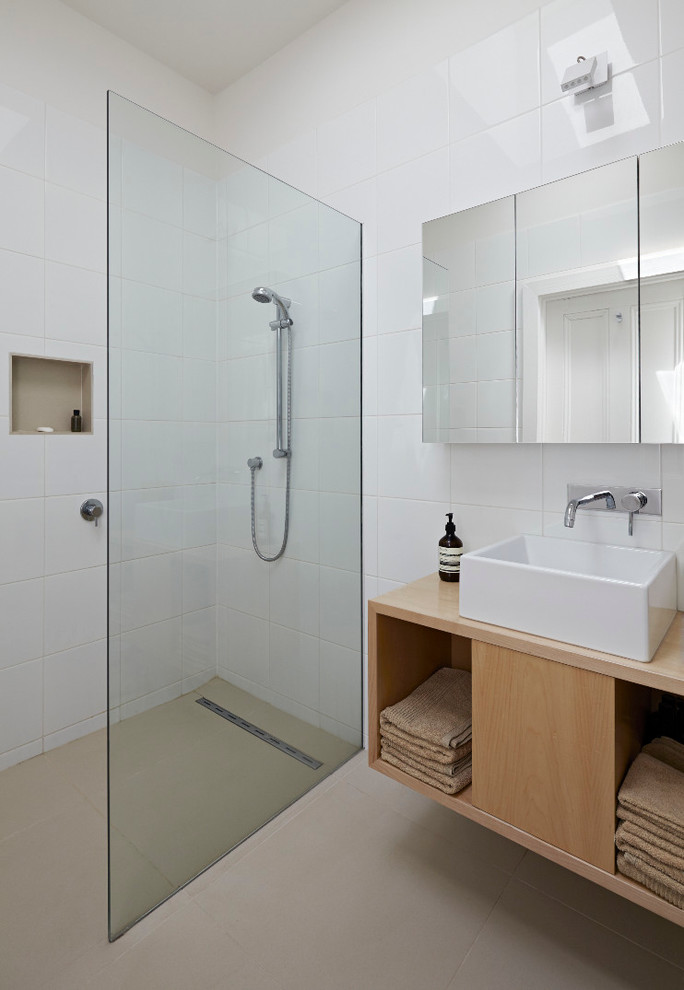 Open Bathroom Vanities Bathroom Contemporary with Beige Floor Glass Partition