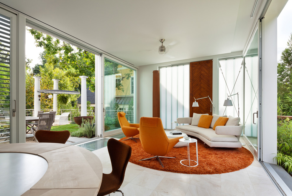 Orange Area Rug Living Room Contemporary with Beige Floor Tile Ceiling