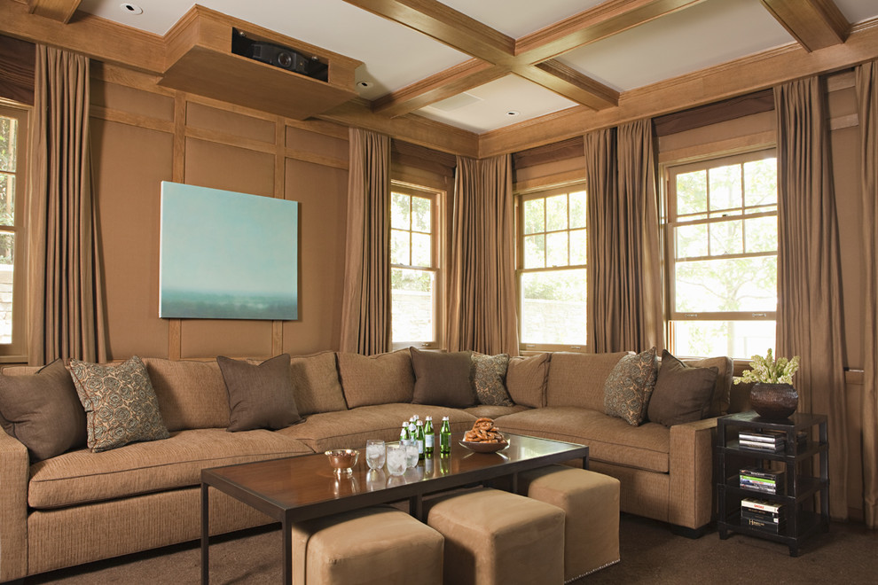 Ottoman Coffee Tables Home Theater Transitional with Beamed Ceiling Coffered Coffered