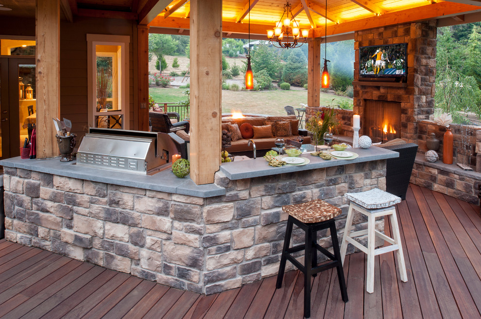 Outdoor Cooking Station Deck Traditional with Ambient Landscape Lighting Covered