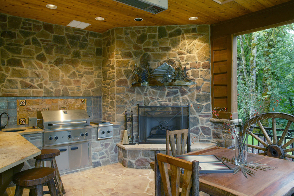 Outdoor Corner Fireplace Porch Rustic with Barbecue Ceiling Lighting Corner