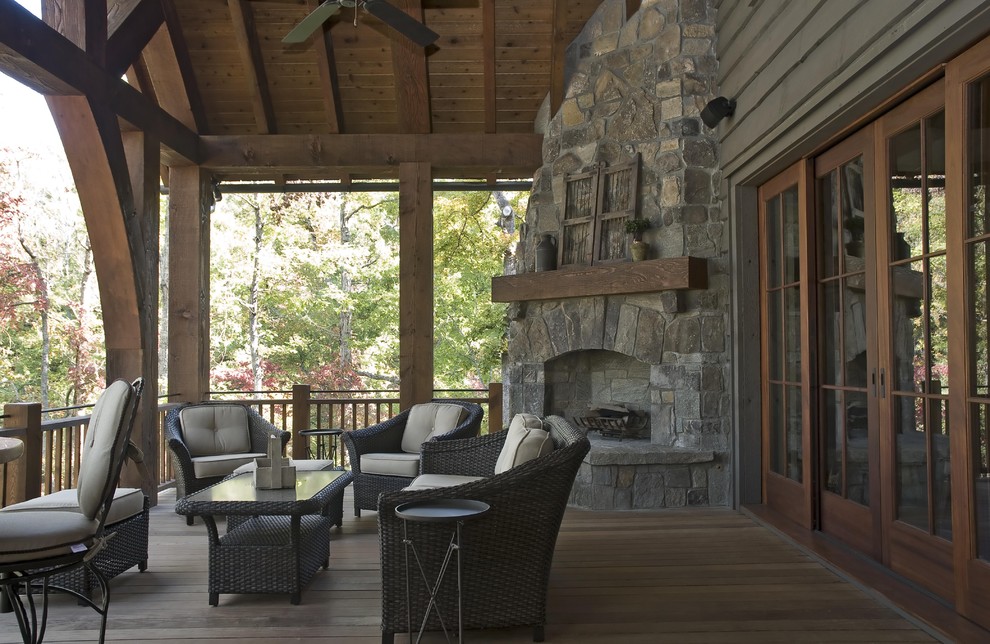 Outdoor Corner Fireplace Porch Rustic with Cedar Shake Roof Lakehouse