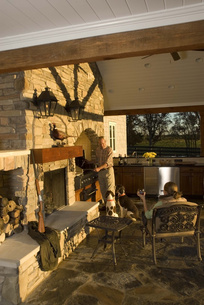 Outdoor Fireplace and Grill Patio Traditional with Beadboard Ceiling Lighting Covered