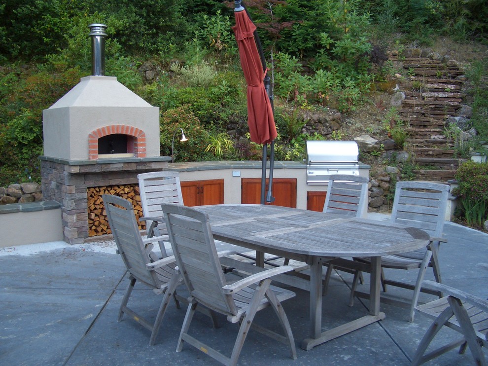 Outdoor Fireplace Pizza Oven Combo Landscape Traditional with Concrete Paving Firewood Storage