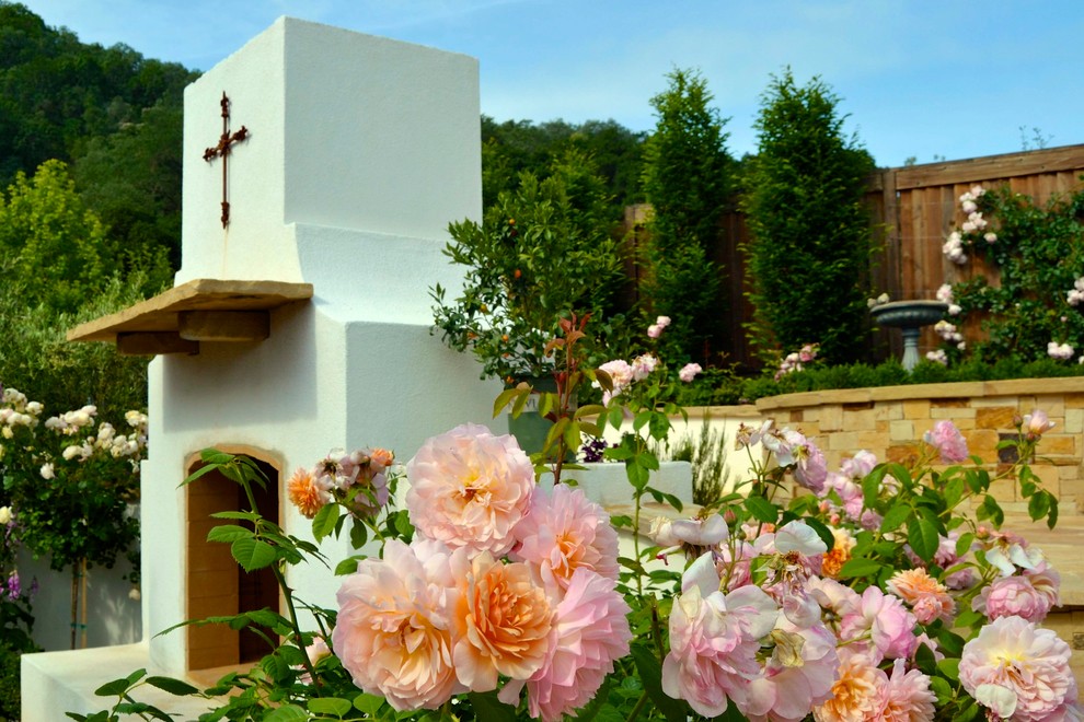 Outdoor Fireplace with Pizza Oven Landscape Mediterranean with Fireplace Mantels Roses Stone