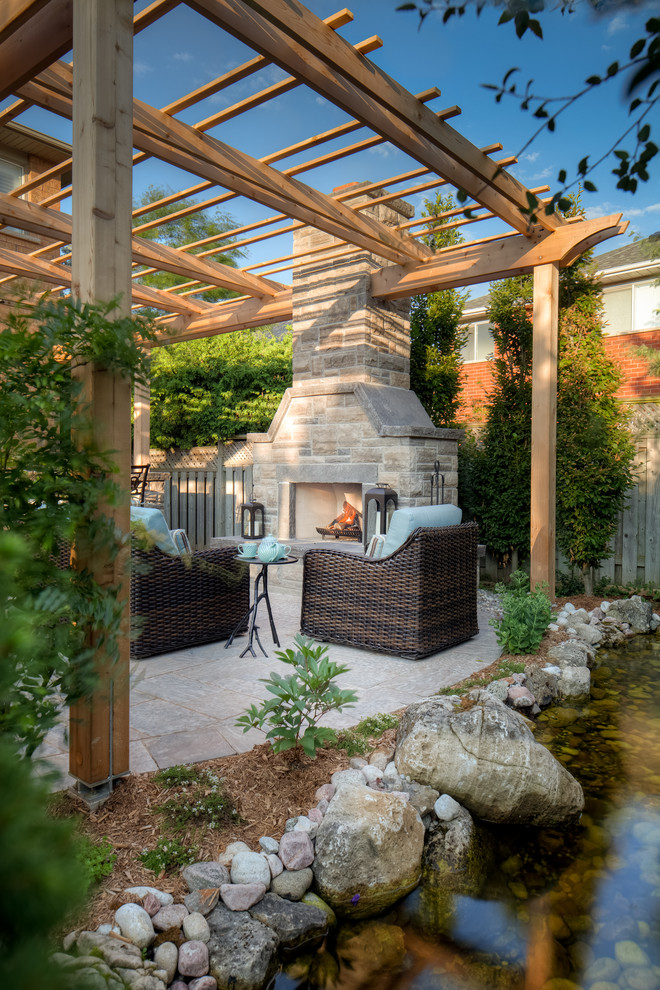 Outdoor Living Spaces with Fireplace Patio Traditional with Aquatic Backyard Retreat Bark