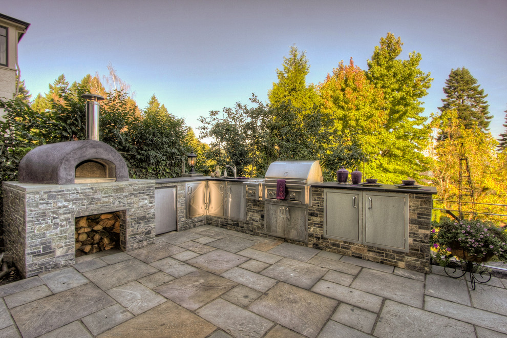 Outdoor Pizza Ovens Patio Mediterranean with Field Stone Pavers Outdoor Kitchen
