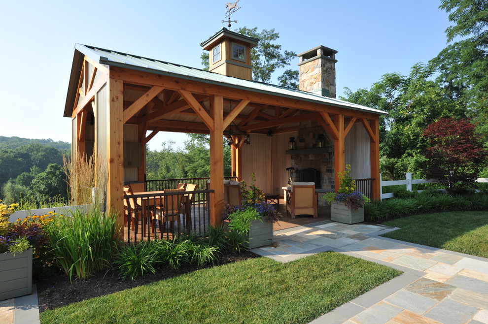 Outdoor Rooms with Fireplaces Deck Traditional with Barn Bluestone Walk Chimney
