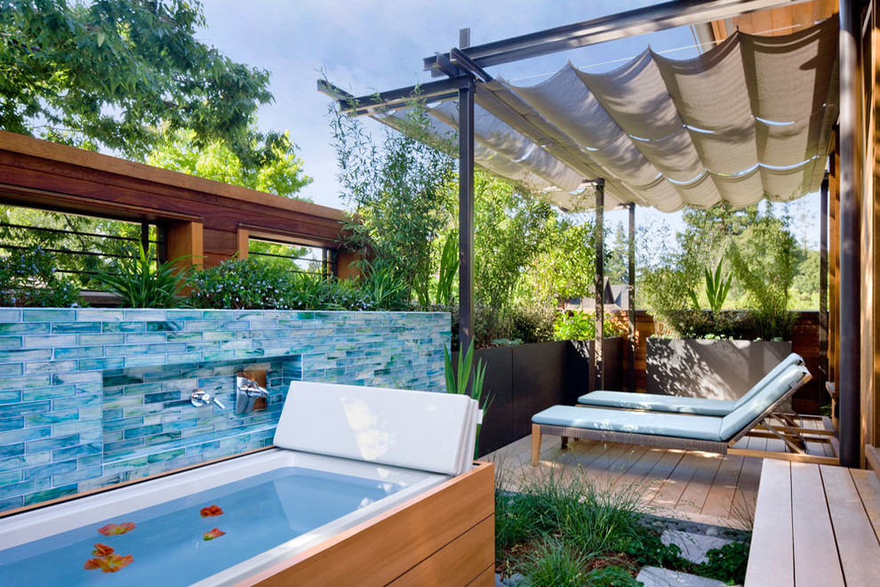 Outdoor Soaking Tub Deck Contemporary with Awning Blue Tile Backsplash