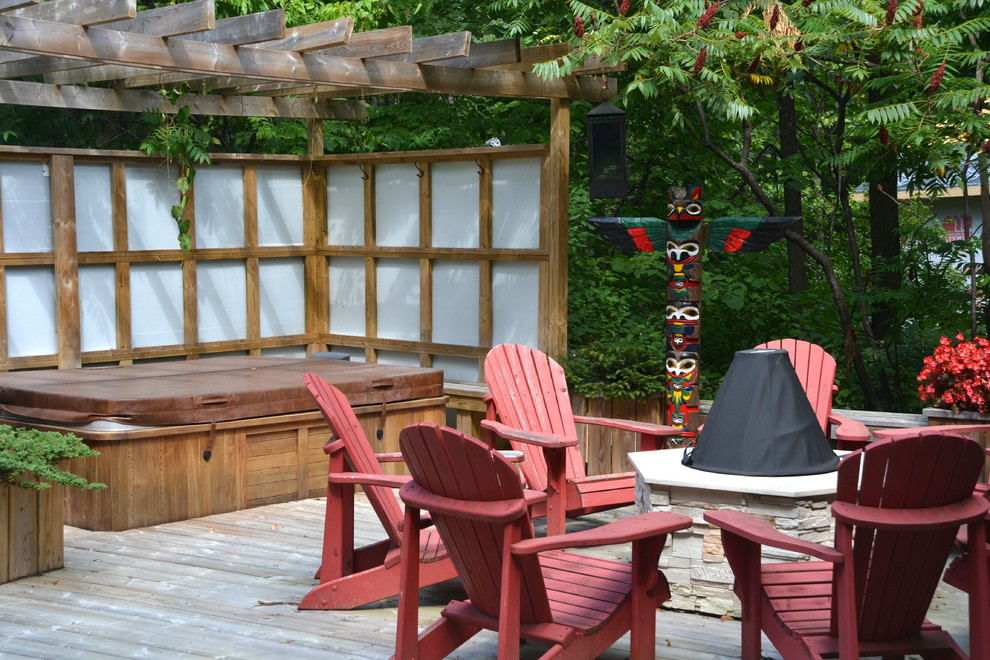Outdoor Soaking Tub Deck Eclectic with Adirondack Chairs Colorful Totem