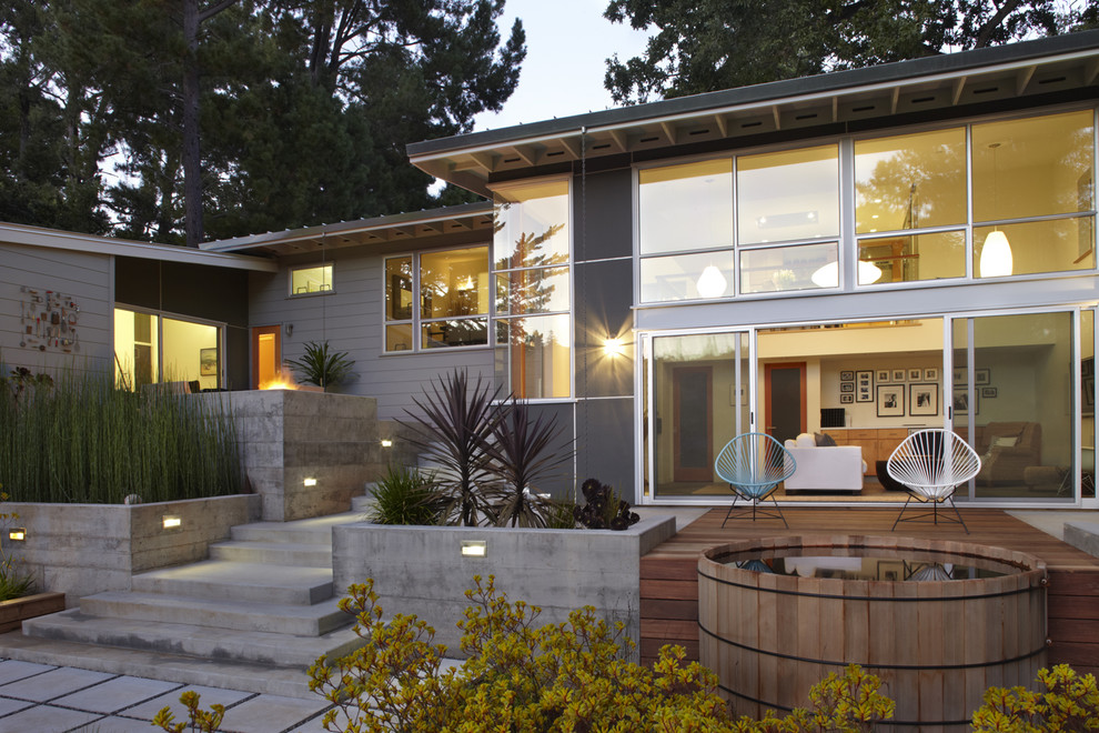 Outdoor Soaking Tub Exterior Midcentury with Chair Concrete Step Concrete