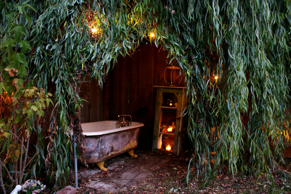 Outdoor Soaking Tub Landscape Eclectic with Brick Floor Candles Claw Foot
