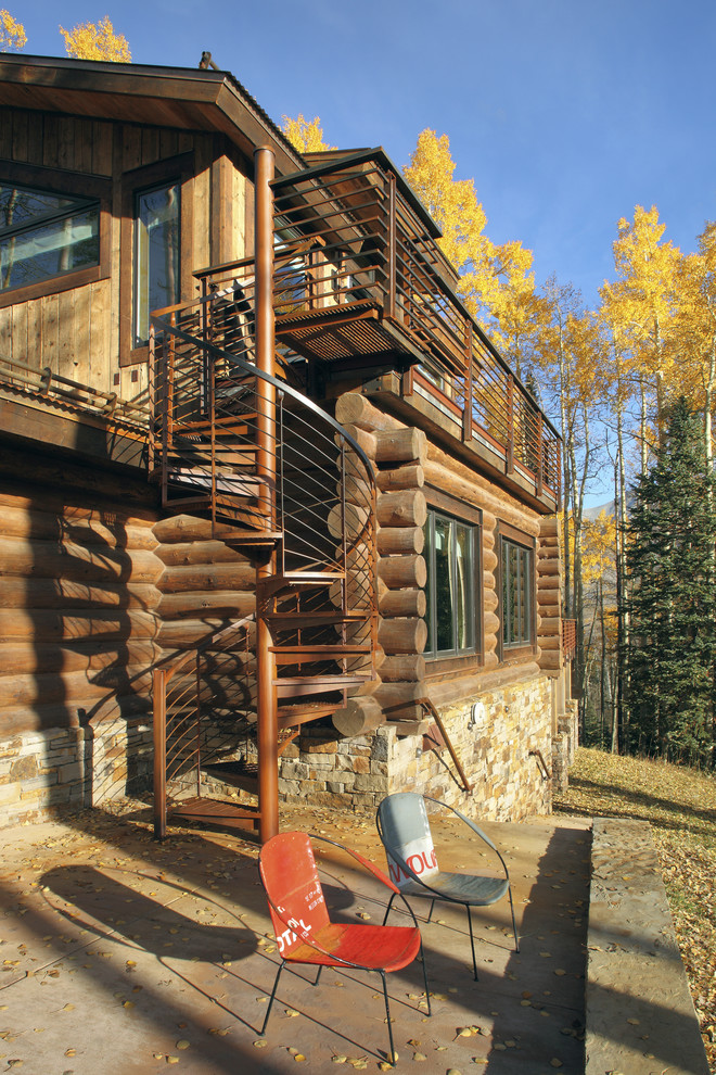 outdoor spiral staircase Exterior Rustic with cabin lodge log cabin