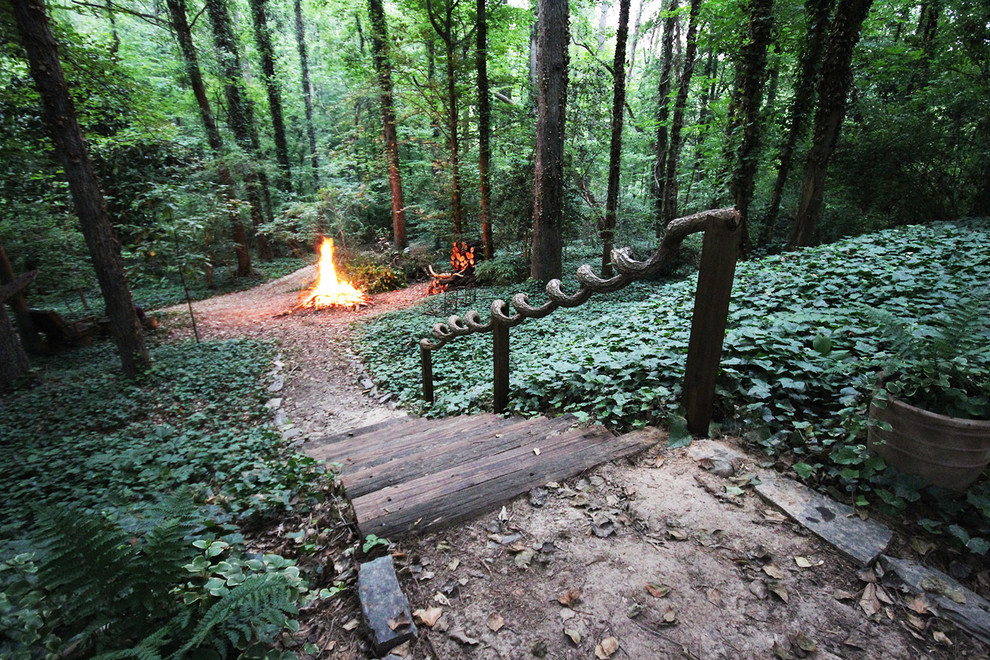 Outdoor Stair Railing Landscape Eclectic with Fire Circle Forest Ivy
