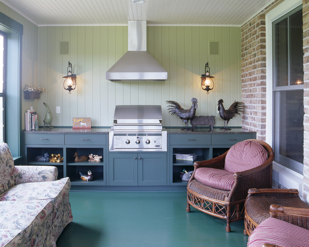 Outside Grill Ideas Porch Traditional with Beadboard Ceiling Brick Granite