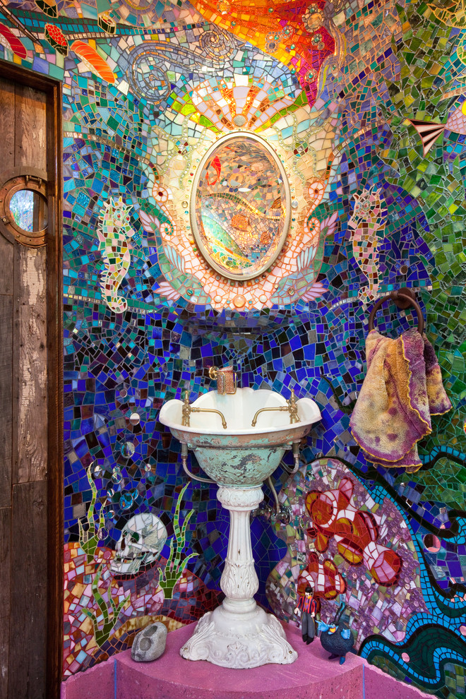 Oval Bathroom Mirrors Bathroom Eclectic with Blue Tile Colorful Bathroom