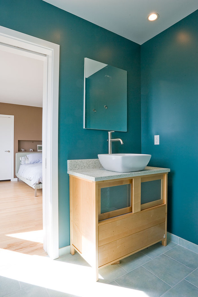 Painted Bathroom Vanity Bathroom Contemporary with Bedroom Blue Frosted Glass