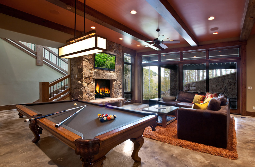 Painted Cement Floors Basement Rustic with Area Rug Ceiling Fan