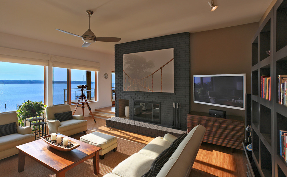 Painting Brick Walls Family Room Contemporary with 2 Story Space Area Rug