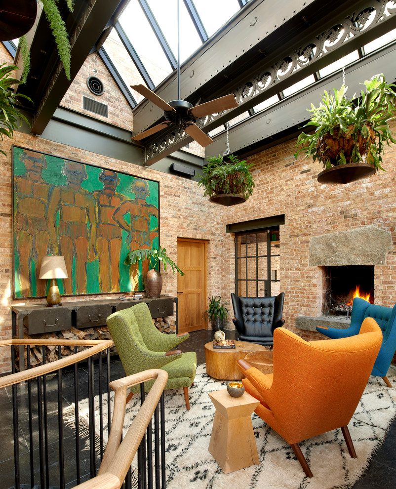 Painting Brick Walls Living Room Industrial with Brick and Stone Fireplace