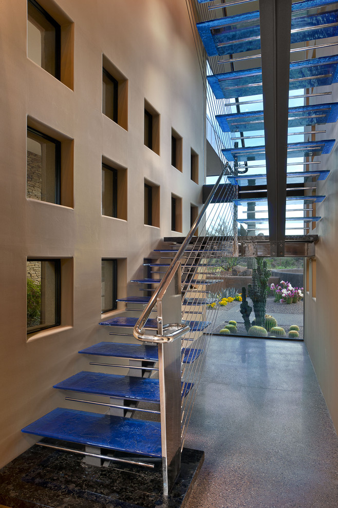 Painting Stair Treads Staircase Southwestern with Chrome Railings Glass Wall