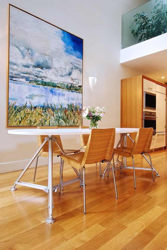 Painting Wood Floors Dining Room Modern with Artwork Double Height Space