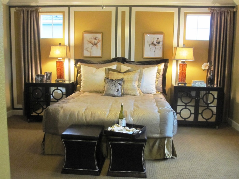Panel Curtain Ideas Bedroom Contemporary with Accent Wall Bedside Table