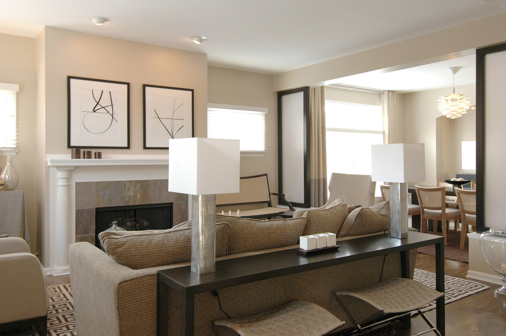 Parsons Console Table Family Room Contemporary with Artwork Baseboards Ceiling Lighting