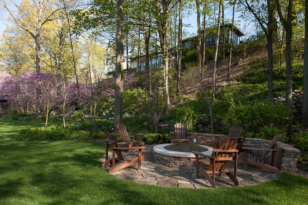 Patio Design Ideas with Fire Pits Landscape Contemporary with Adirondack Chairs Flowering Trees