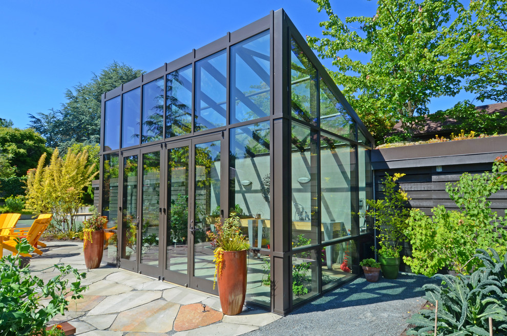 Patios with Fire Pits Garage and Shed Contemporary with Bold Color Flagstone Garden