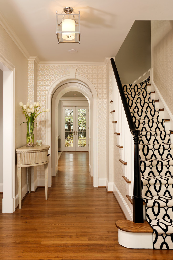 Patterned Carpet for Stairs Entry Traditional with Archway Baseboards Carpet Runner