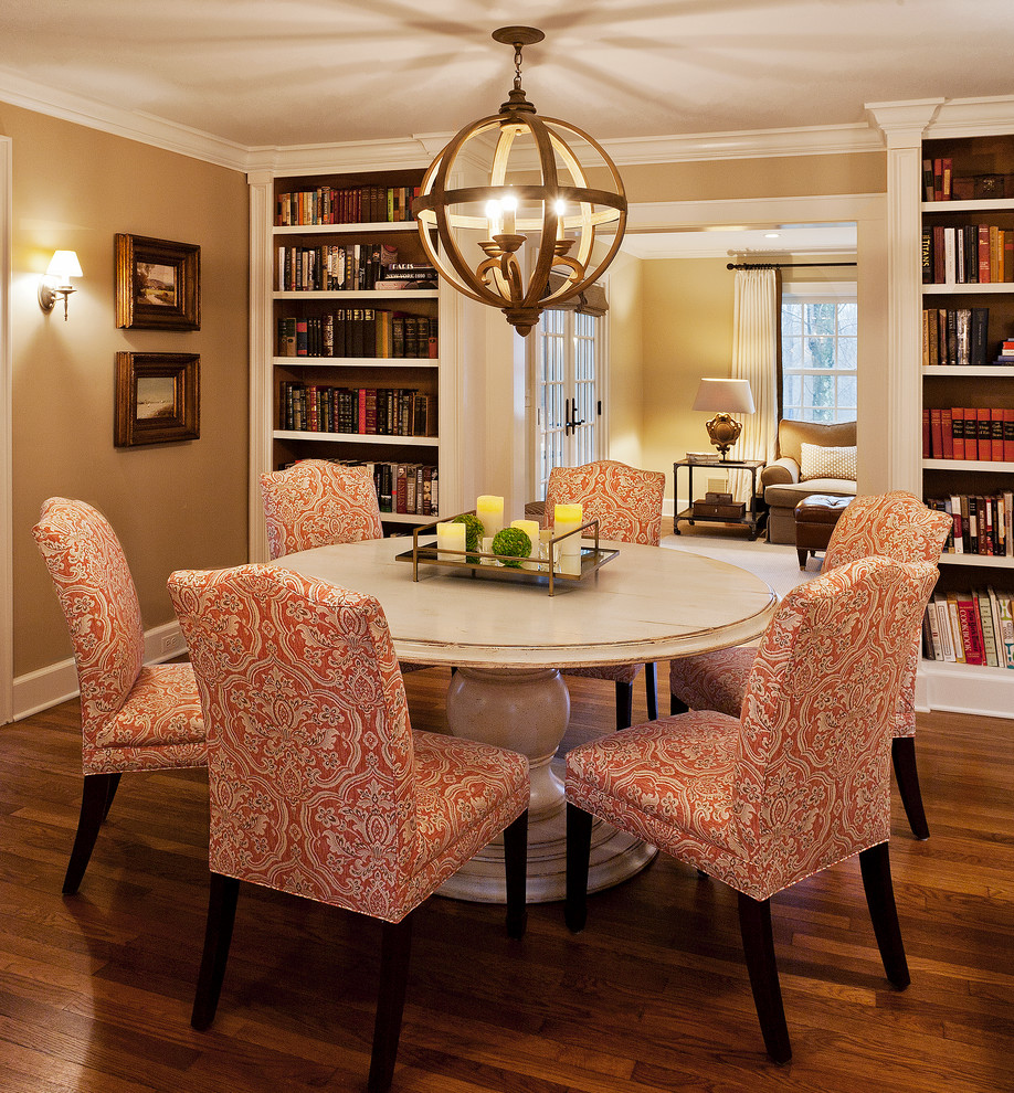 Patterned Dining Chairs Dining Room Traditional with Beige Walls Book Shelves