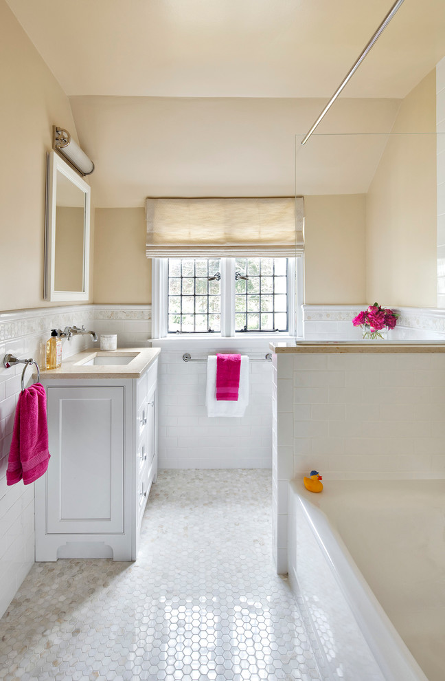 Pearl Mosaic Tile Bathroom Contemporary with Bathub Beige Casement Windows
