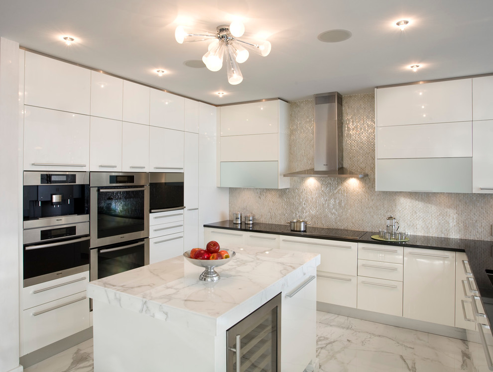 Pearl Mosaic Tile Kitchen Contemporary with Bar Pulls Black Counter