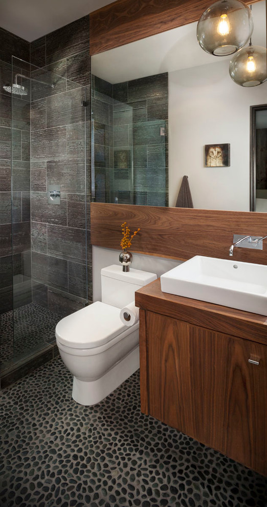 Pebble Bathroom Floor Bathroom Rustic with Exposed Beams Floating Vanity