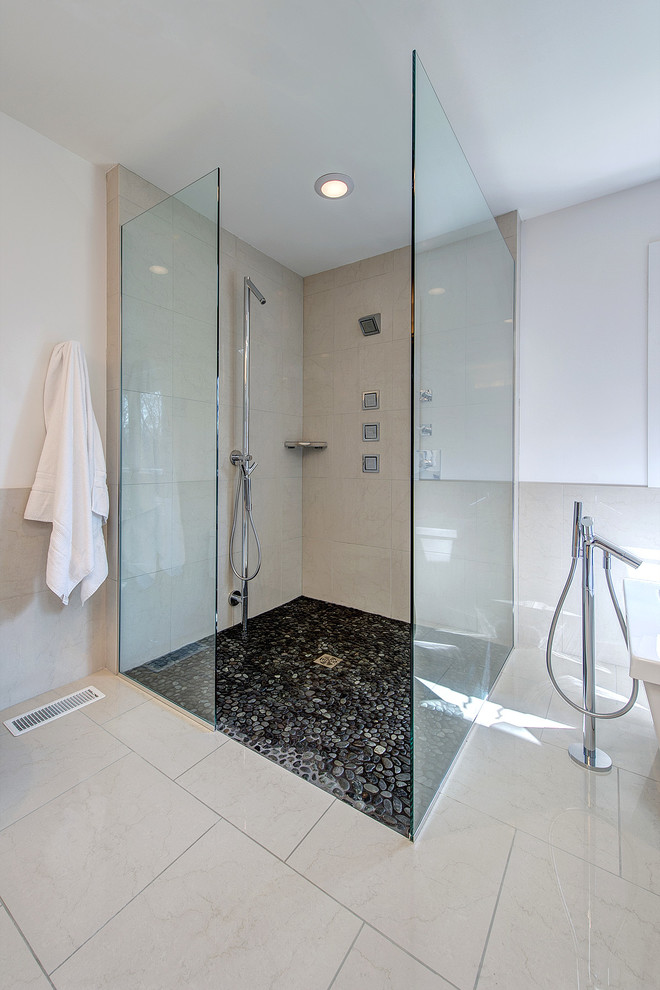 Pebble Tile Shower Floor Bathroom Contemporary with Black and White Bath