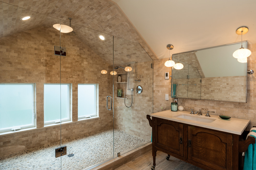 Pebble Tile Shower Floor Bathroom Traditional with Frosted Glass Windows Glass