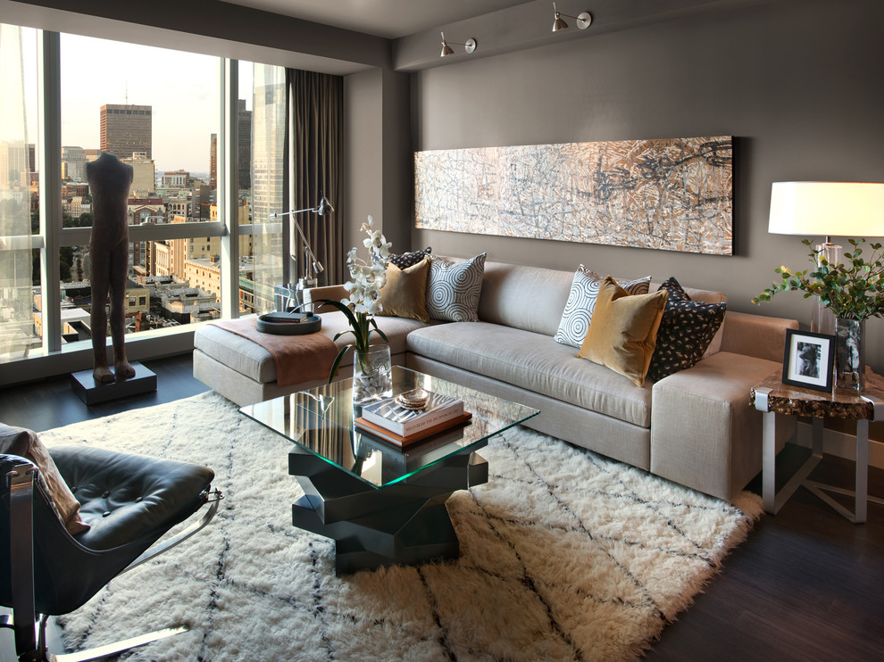 Pedestal Coffee Table Living Room Contemporary with Abstract Art City View