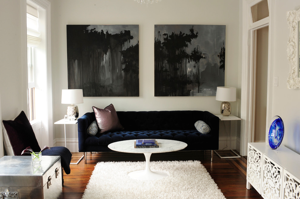 Pedestal Coffee Table Living Room Transitional with Apartment Artwork Blue Velvet