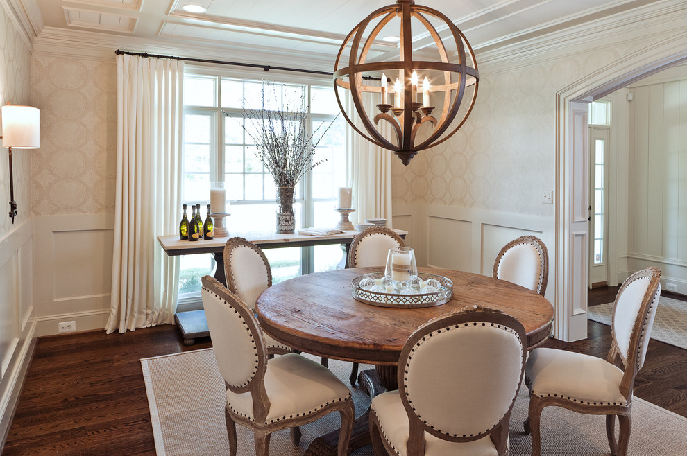 Pedestal Dining Table Dining Room Transitional with Area Rug Cage Chandelier