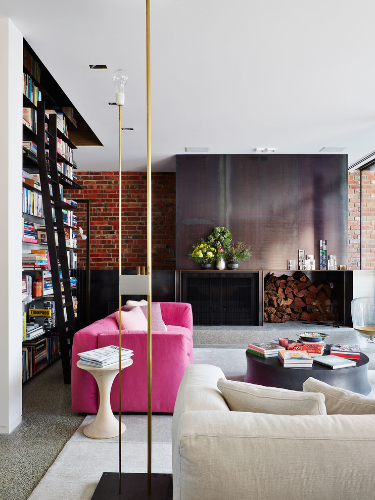 Pedestal Side Table Living Room Contemporary with Bright Pink Couch Exposed