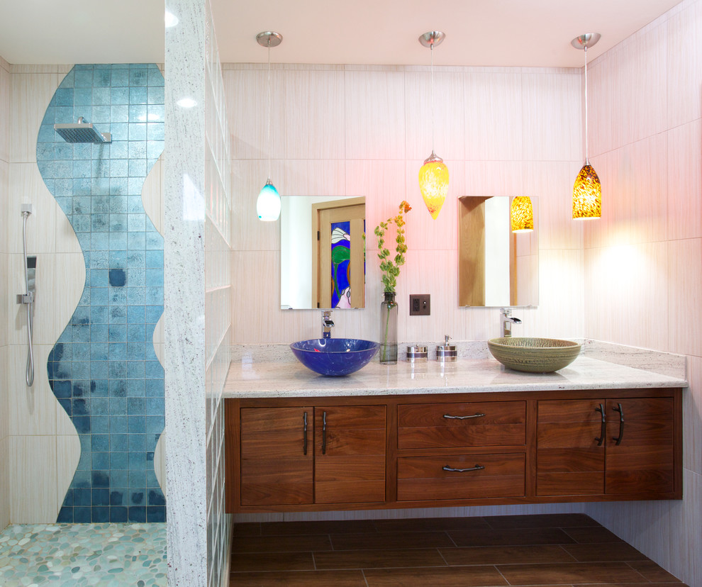 Pendant Light Fixtures Bathroom Contemporary with Blue Shower Tile Blue