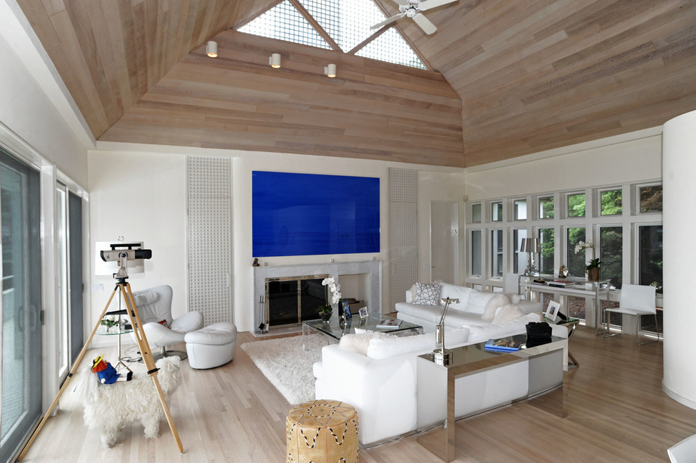 Pickled Wood Floors Living Room Contemporary with Blue Artwork Ceiling Fan